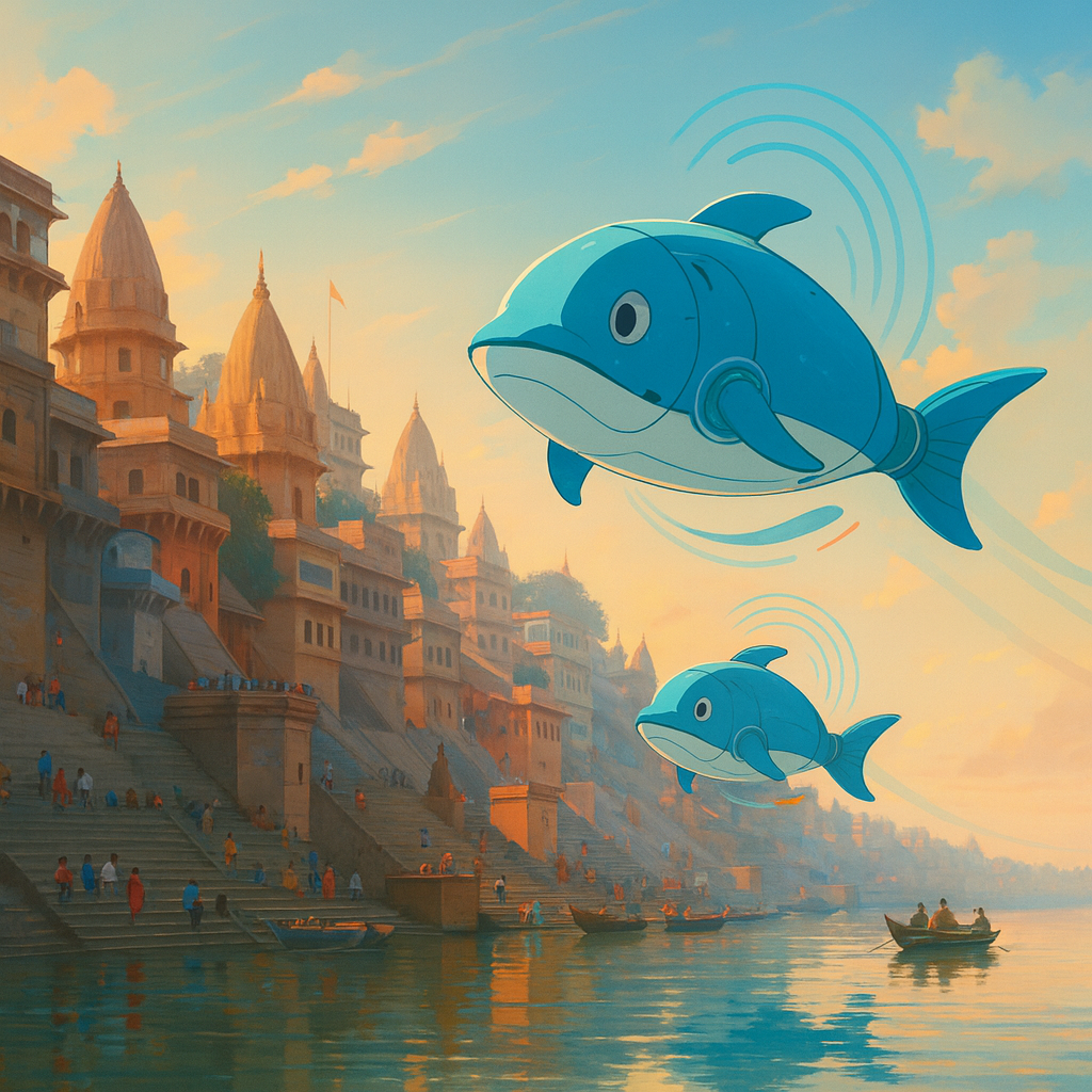Ashoka-blue river dolphins over the Kashi ghats at sunrise